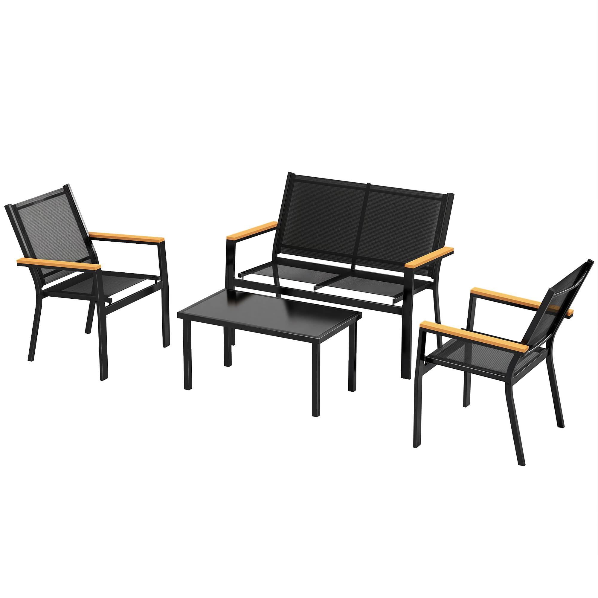Salon de jardin extérieur 4 pièces avec canapé 2 places, 2 chaises et table basse en verre trempé, noir - Image 2