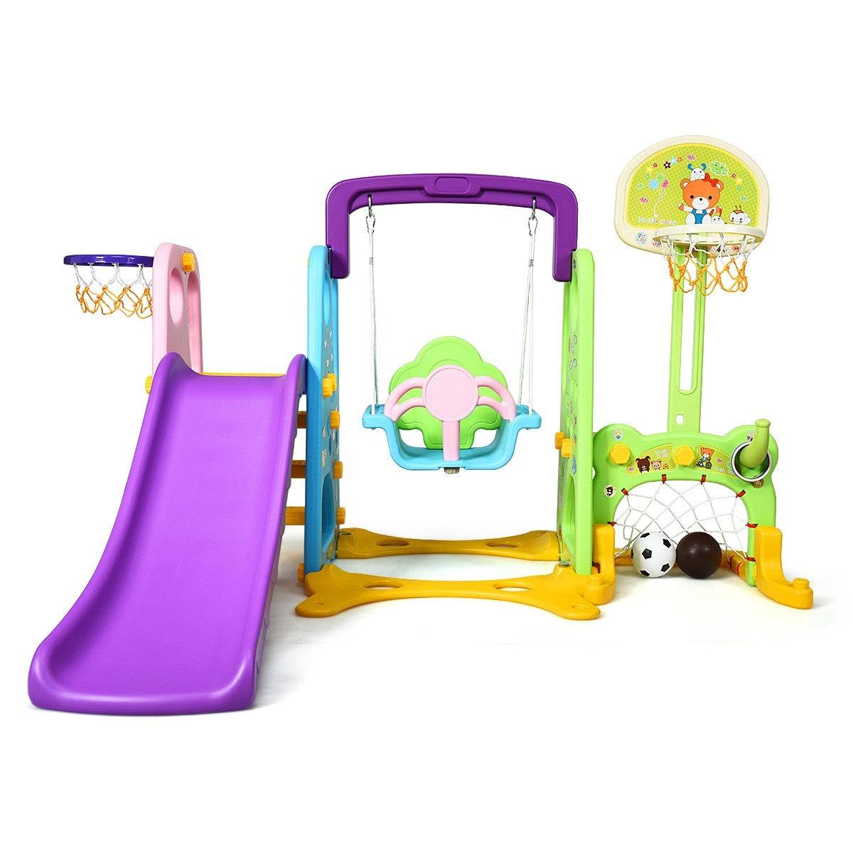 Helloshop26 - Toboggan pour enfants aire de jeux 6 en 1 balançoire portique panier de basketball escalade but de football - Image 1