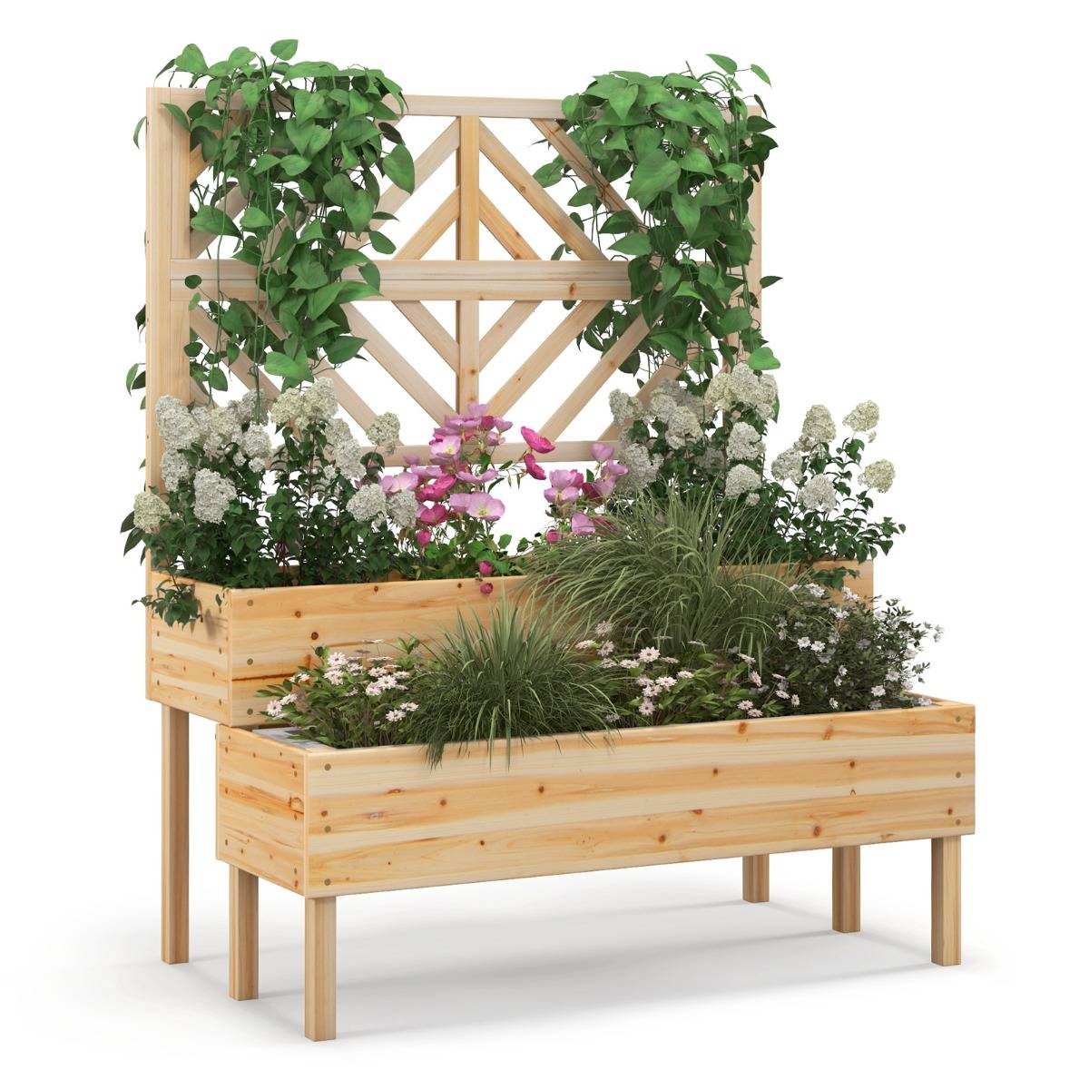 Jardinière avec Treillis à 2 Niveaux en Bois de Sapin Bac à Fleurs Rectangulaire avec Trou de Drainage pour Plante Grimpante - Image 1