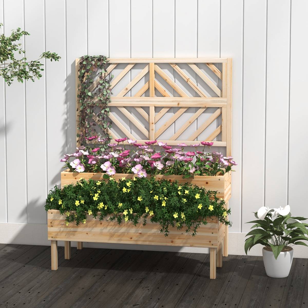 Jardinière avec Treillis à 2 Niveaux en Bois de Sapin Bac à Fleurs Rectangulaire avec Trou de Drainage pour Plante Grimpante - Image 3