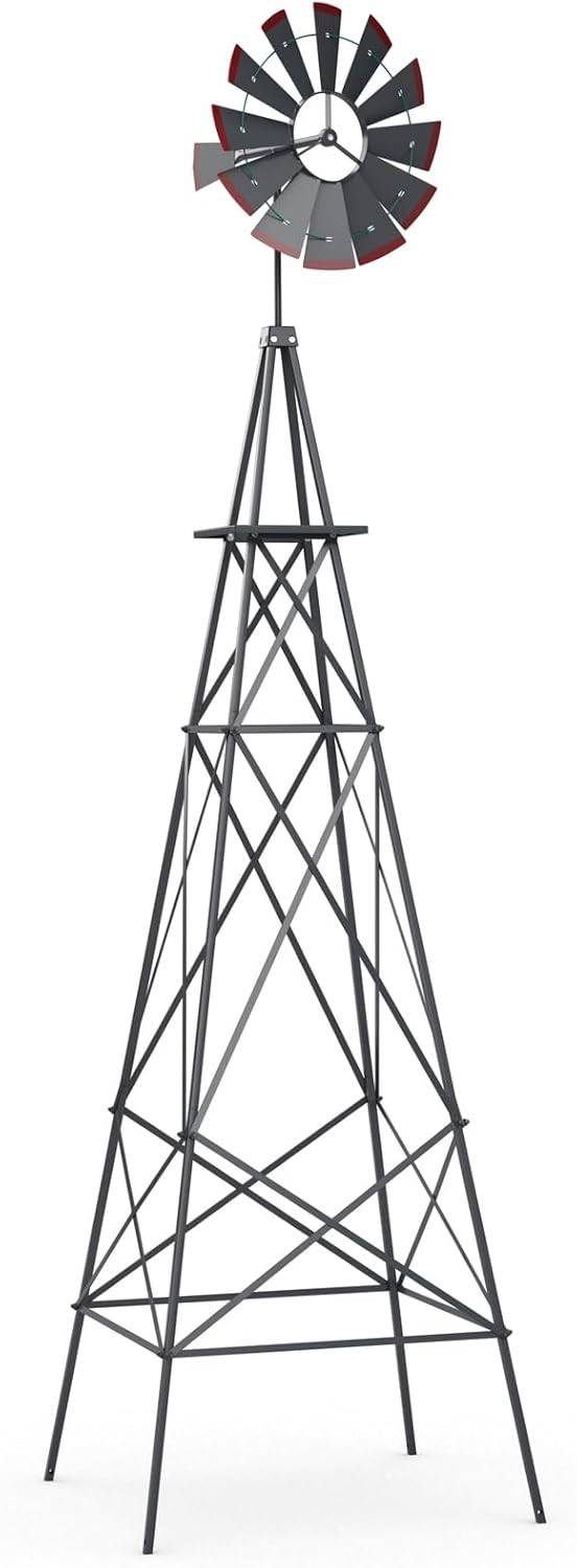 Moulin à Vent Géant de Jardin 253 cm, Moulin à Vent Ornemental en Métal Tout Temps (Gris) - Image 1