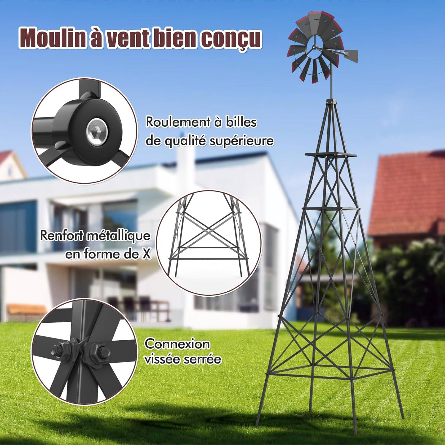 Moulin à Vent Géant de Jardin 253 cm, Moulin à Vent Ornemental en Métal Tout Temps (Gris) - Image 5
