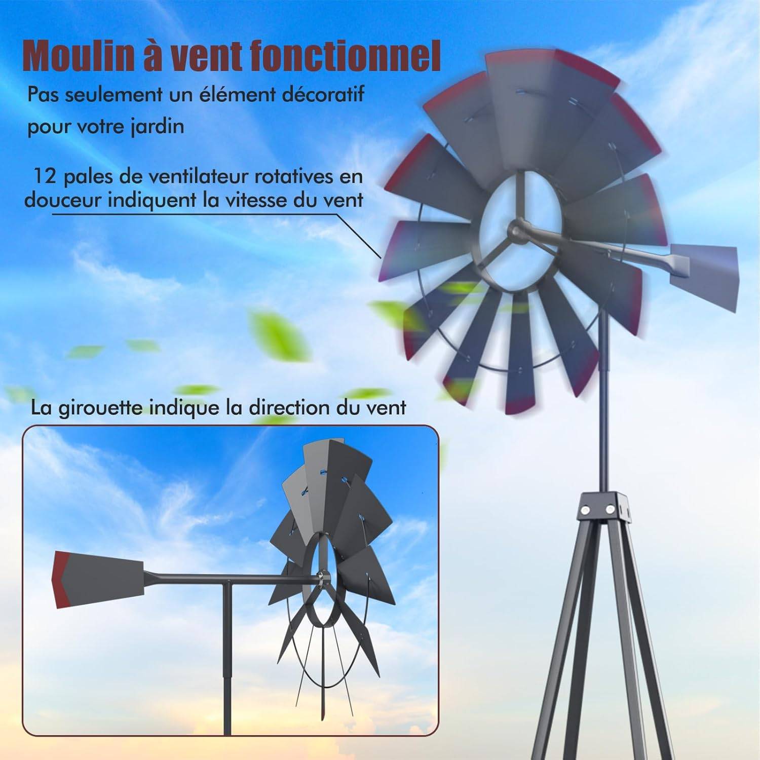 Moulin à Vent Géant de Jardin 253 cm, Moulin à Vent Ornemental en Métal Tout Temps (Gris) - Image 3