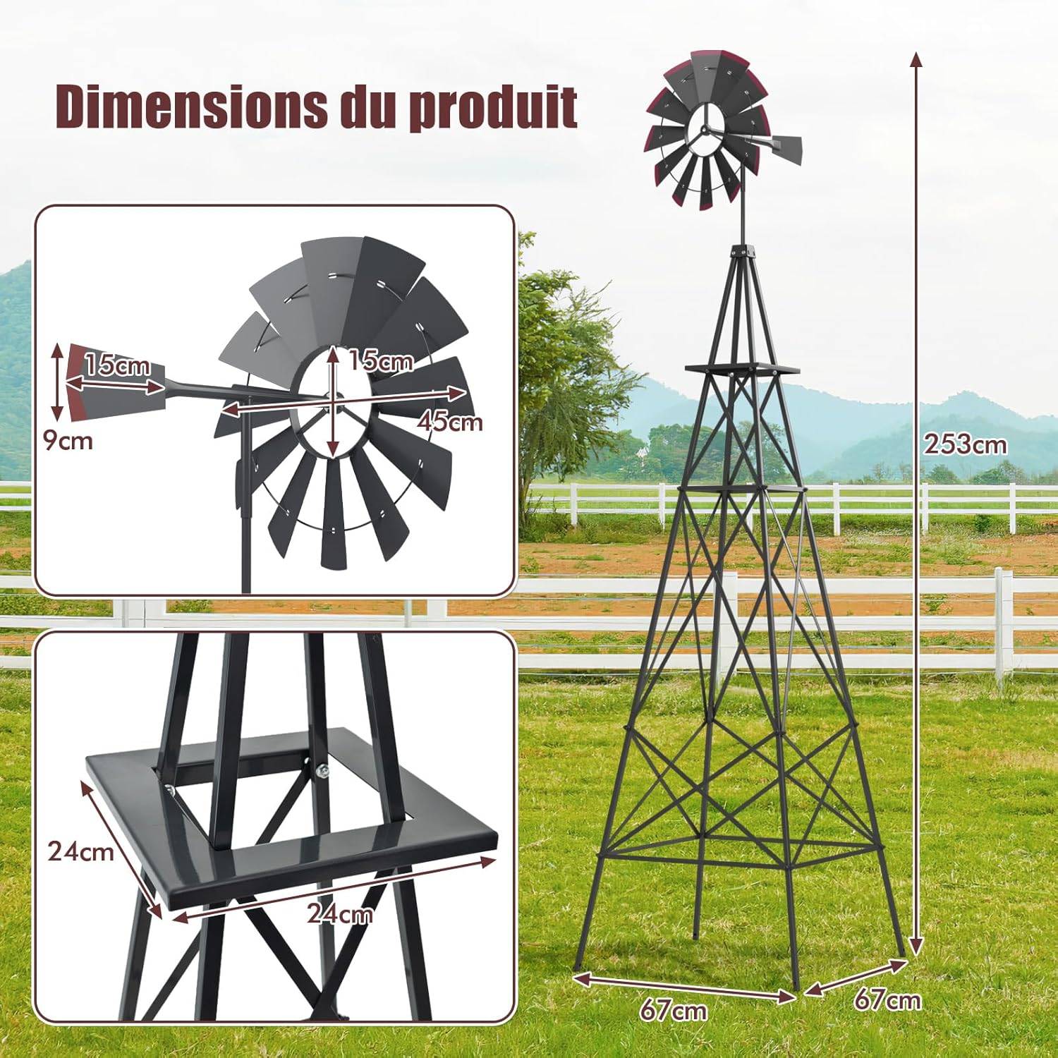 Moulin à Vent Géant de Jardin 253 cm, Moulin à Vent Ornemental en Métal Tout Temps (Gris) - Image 4
