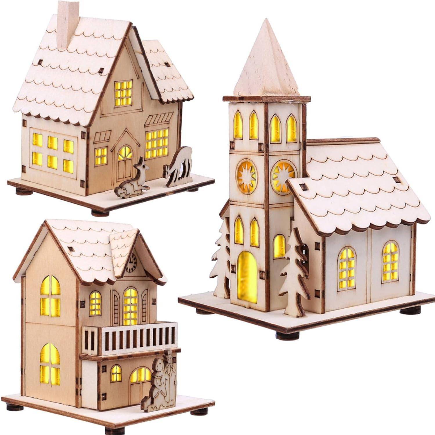 Maison de village de Noël en bois éclairée par LED, maison de village de Noël miniature avec décoration de table de Noël lumineuse,(3 pièces) - Image 1