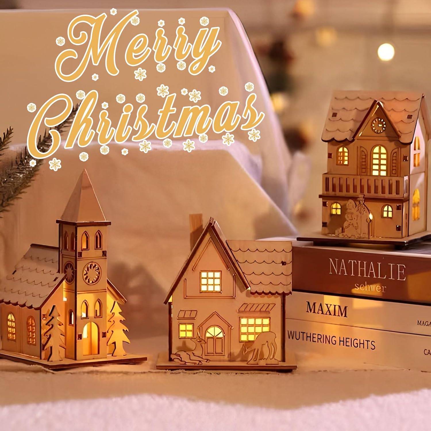 Maison de village de Noël en bois éclairée par LED, maison de village de Noël miniature avec décoration de table de Noël lumineuse,(3 pièces) - Image 4