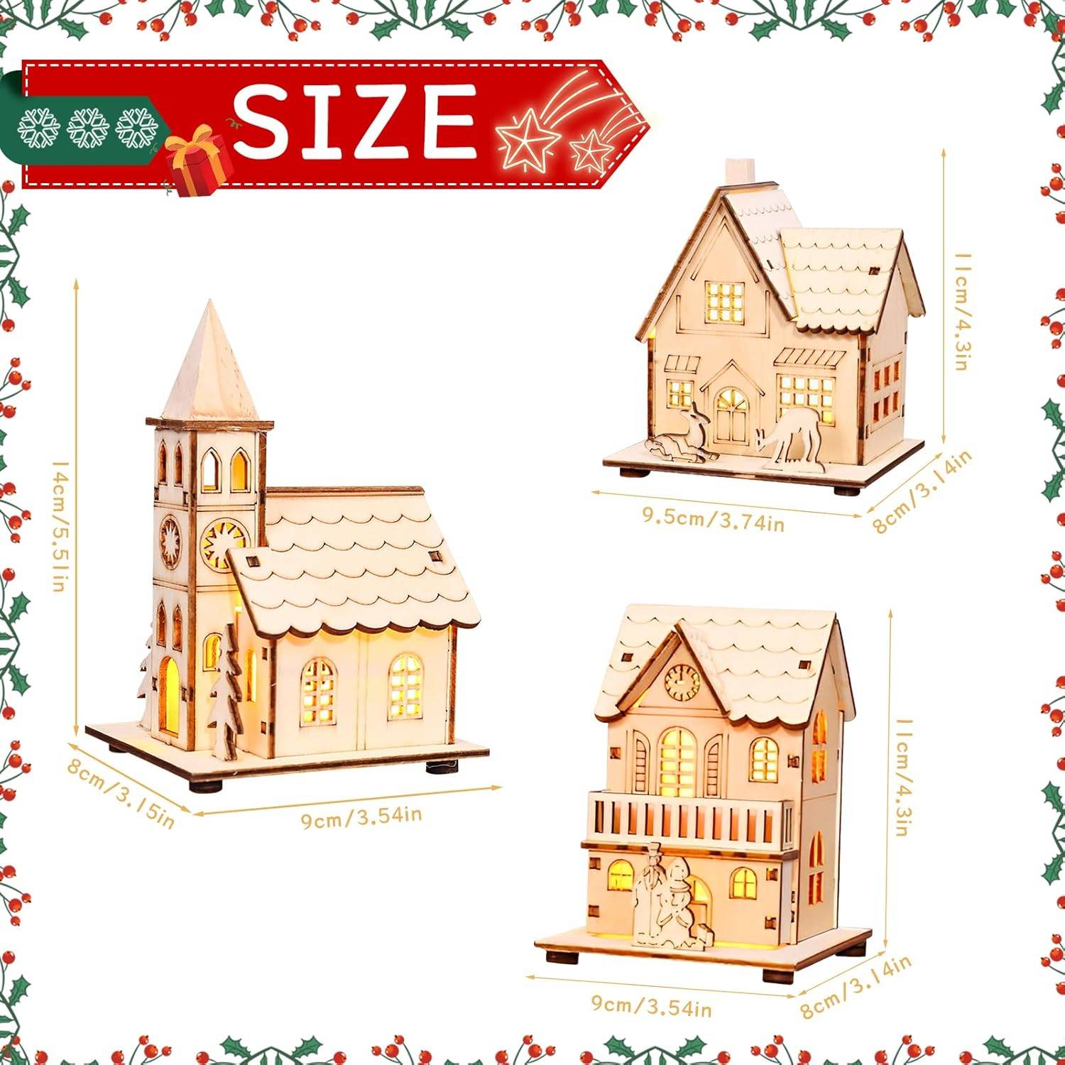 Maison de village de Noël en bois éclairée par LED, maison de village de Noël miniature avec décoration de table de Noël lumineuse,(3 pièces) - Image 3