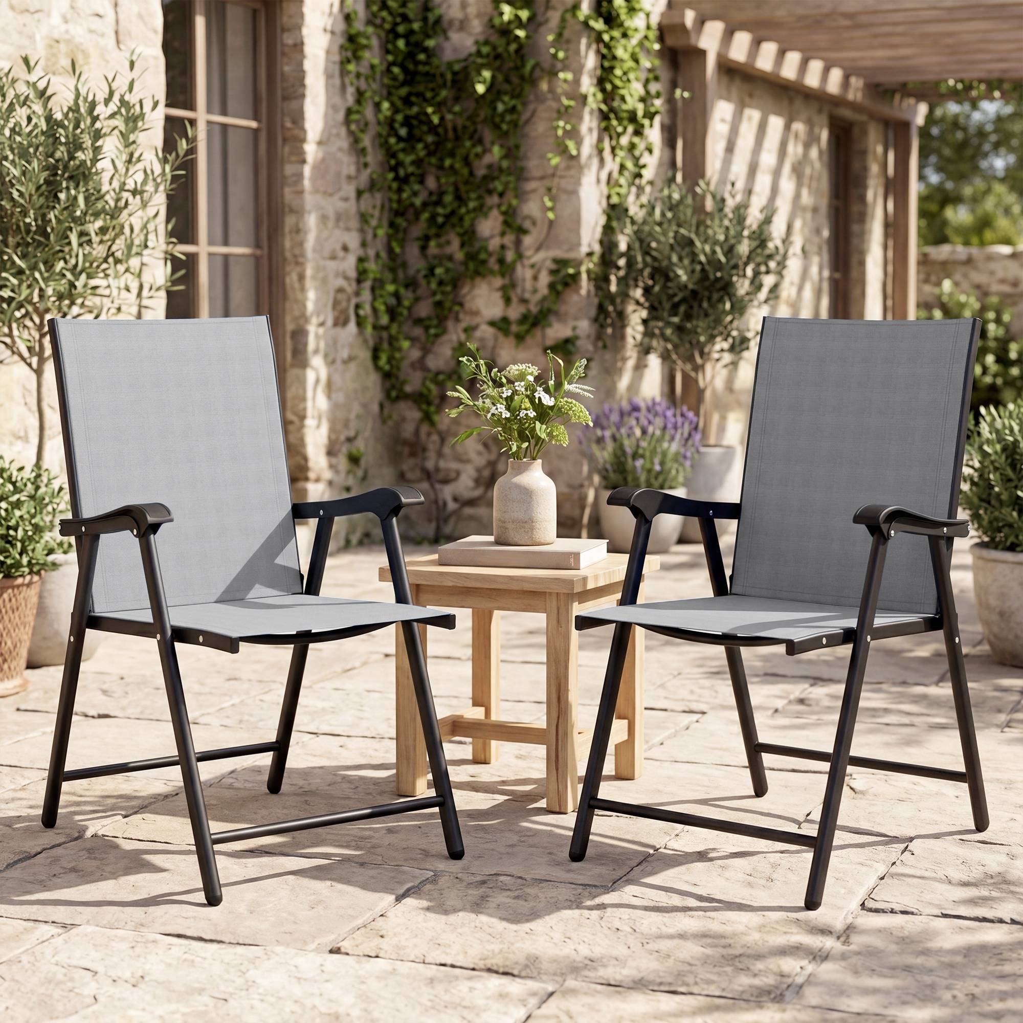 Lot de 2 chaises pliantes avec dossier haut et accoudoirs, gris clair - Image 3