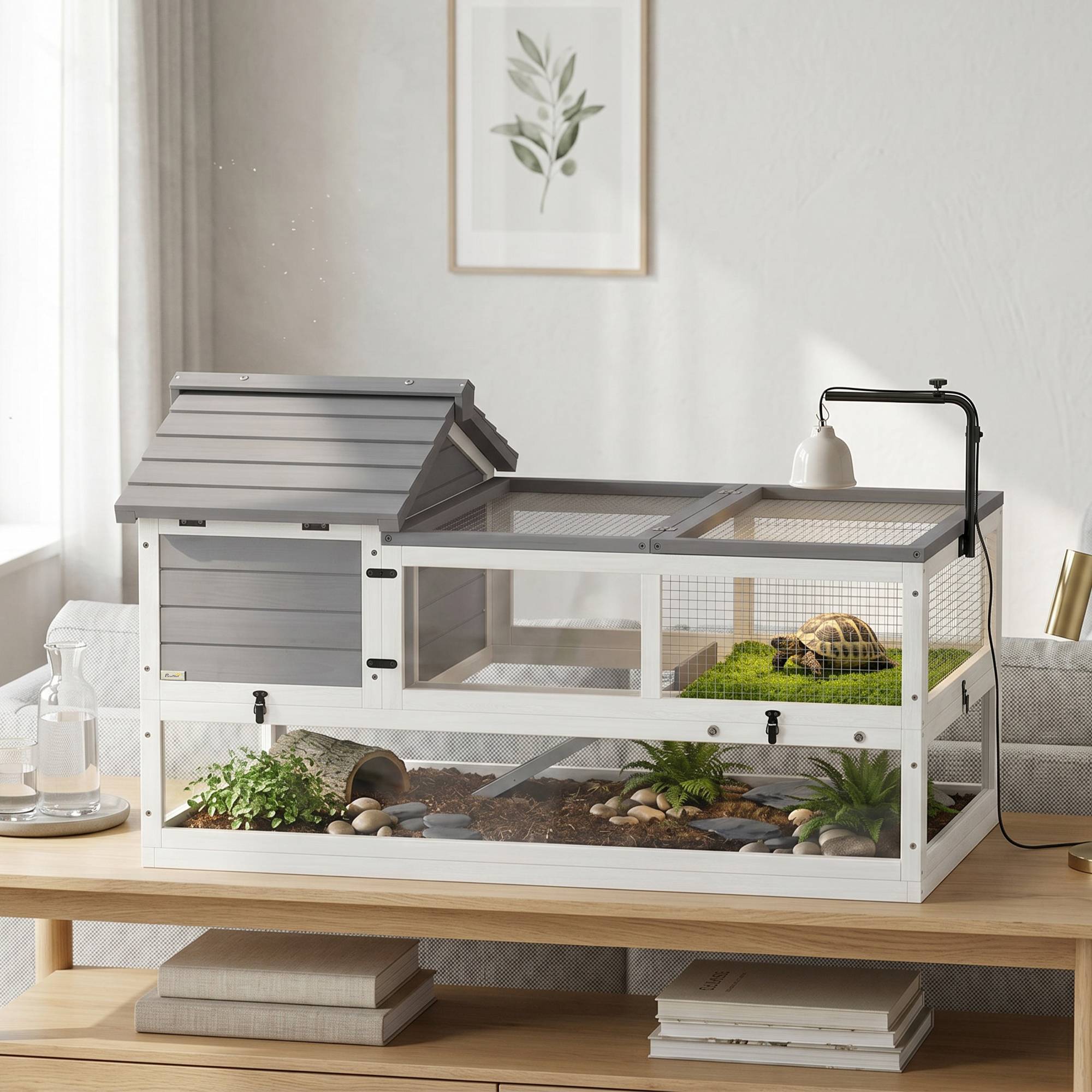 Maison pour tortues en bois, terrarium extérieur 116x70,5x69,5 cm, gris - Image 4