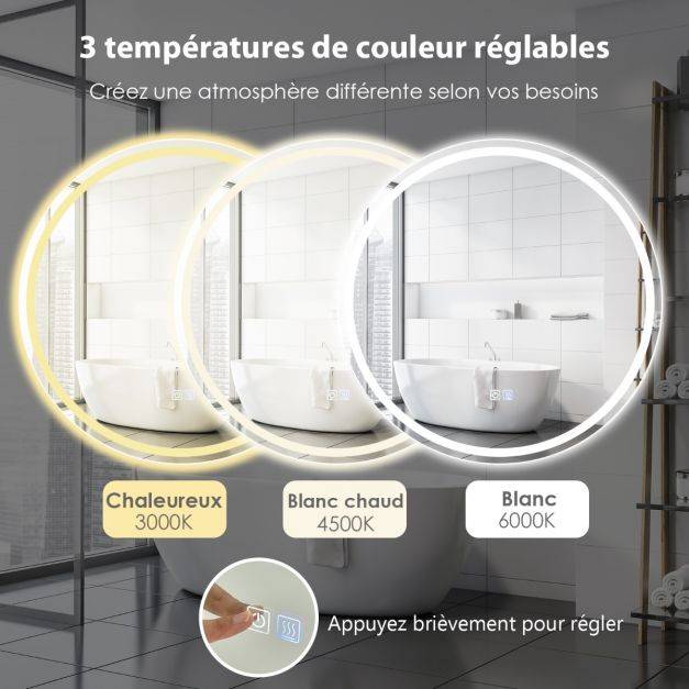Helloshop26 - Miroir de salle de bain led ø 60 cm avec 3 eclairages interrupteur tactile et fonction anti-buée - Image 4