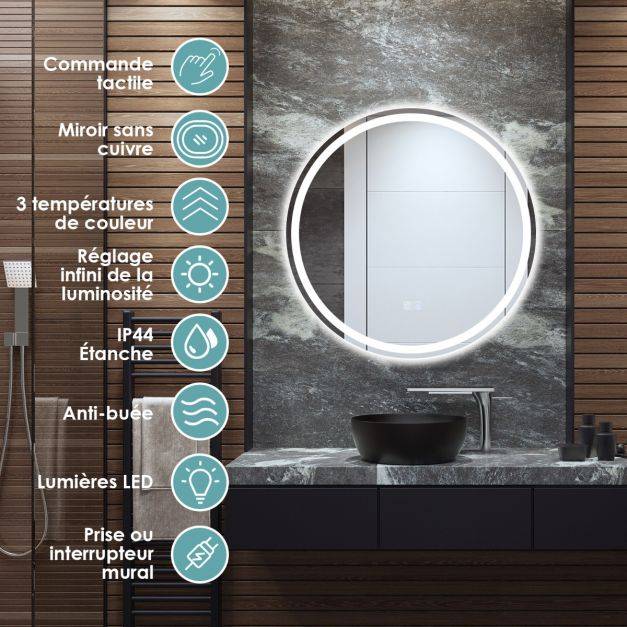 Helloshop26 - Miroir de salle de bain led ø 60 cm avec 3 eclairages interrupteur tactile et fonction anti-buée - Image 5
