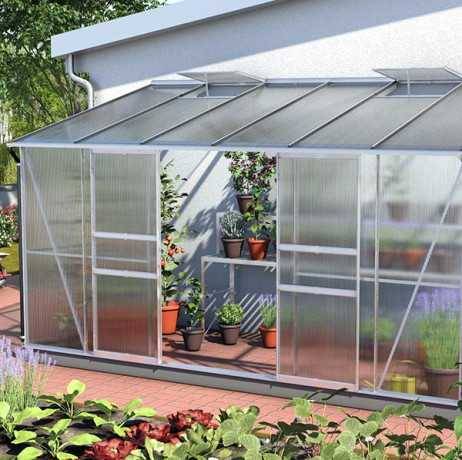 Vitavia - Serre adossée IDA 7800 - 7,8 m² en polycarbonate avec porte coulissante & lucarnes, Couleur Aluminium , Polycarbonate 6 mm - Image 1
