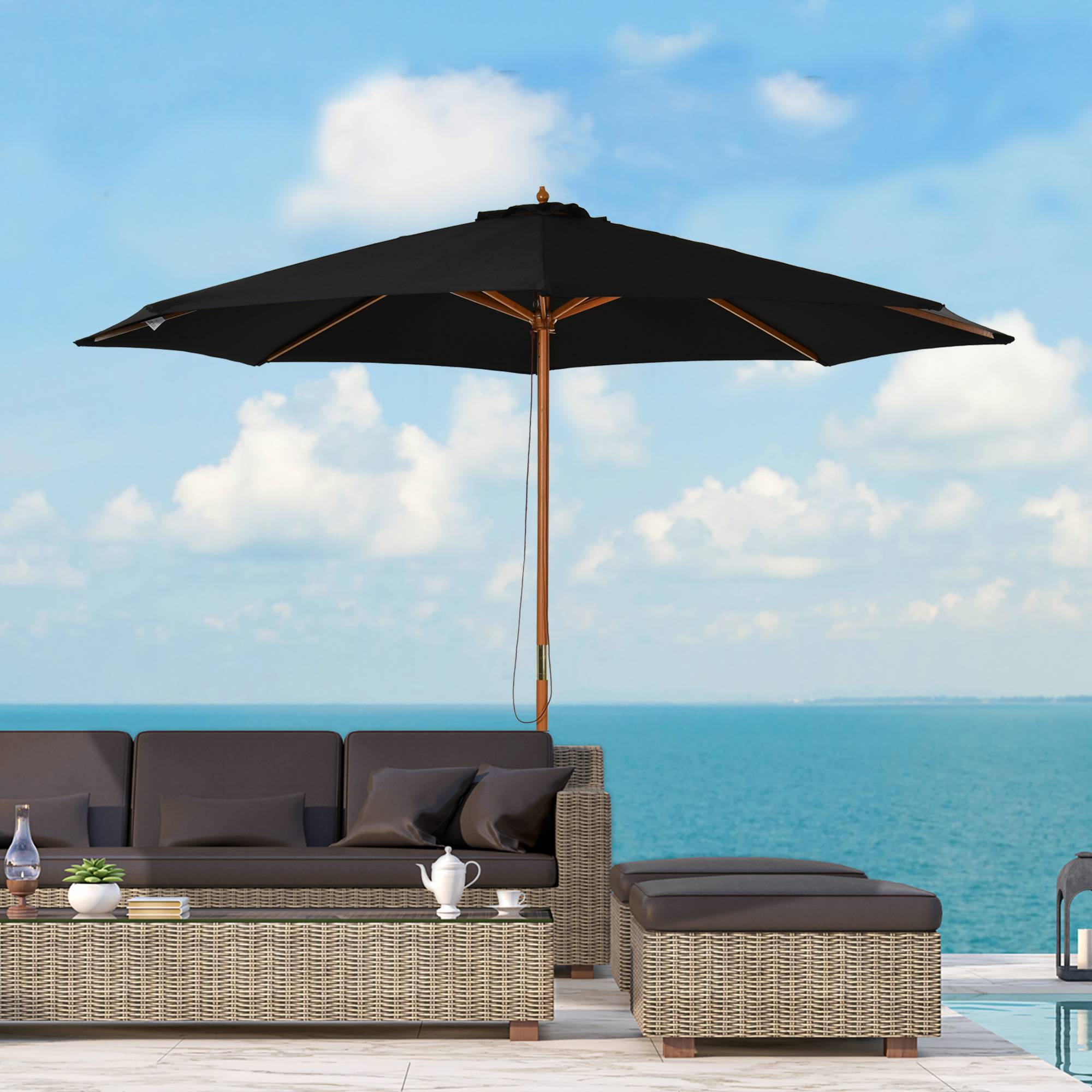 ComfortXL - Parasol droit rond bois extérieur protection UV système corde Ø3m noir - ComfortXL Outdoor Living - Image 4