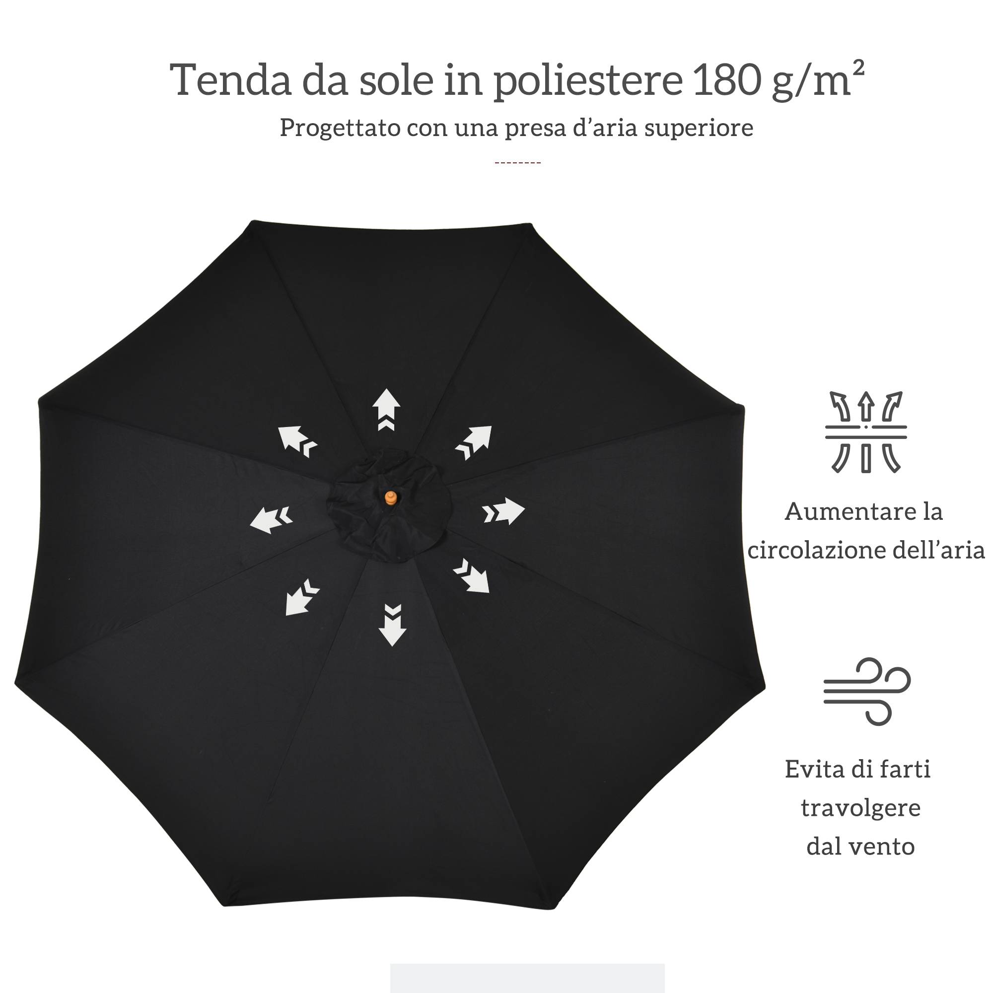 ComfortXL - Parasol droit rond bois extérieur protection UV système corde Ø3m noir - ComfortXL Outdoor Living - Image 7