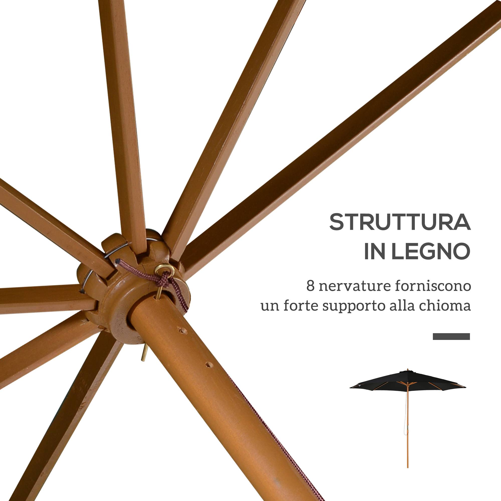 ComfortXL - Parasol droit rond bois extérieur protection UV système corde Ø3m noir - ComfortXL Outdoor Living - Image 8