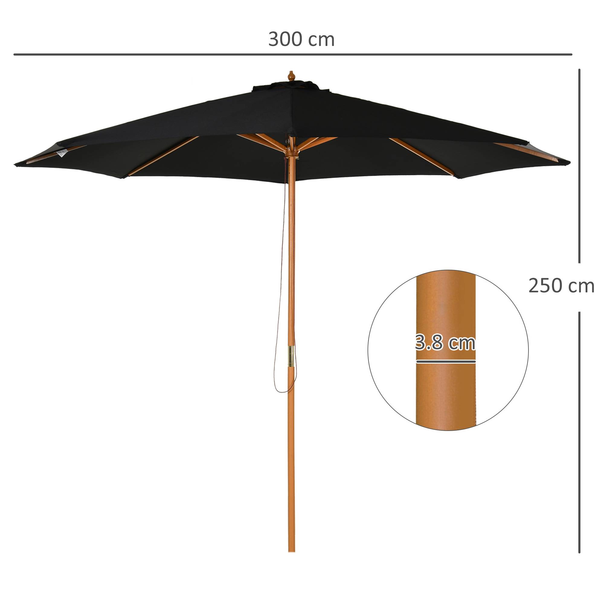 ComfortXL - Parasol droit rond bois extérieur protection UV système corde Ø3m noir - ComfortXL Outdoor Living - Image 5