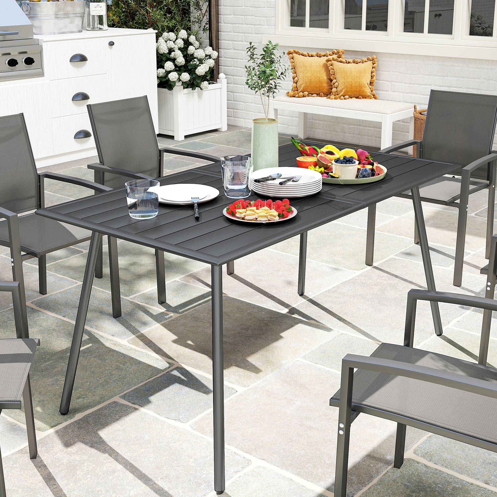 Table à manger de jardin pour 6 personnes avec plateau à lattes pour jardin, patio, terrasse, 150 x 80 x 74 cm, gris - Image 4