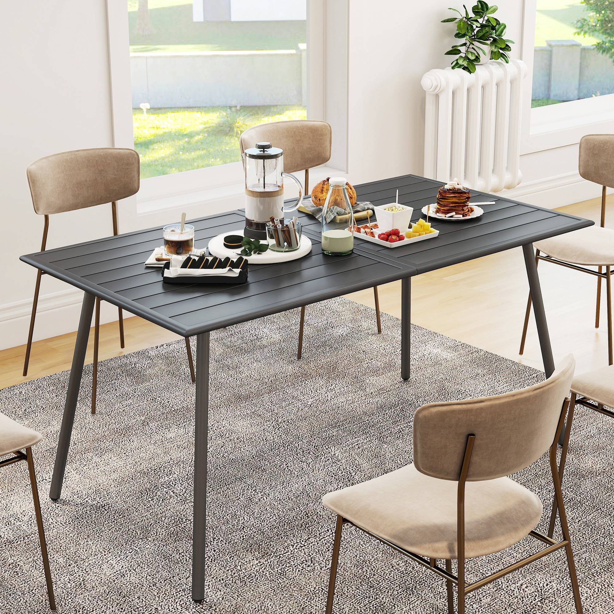 Table à manger de jardin pour 6 personnes avec plateau à lattes pour jardin, patio, terrasse, 150 x 80 x 74 cm, gris - Image 9