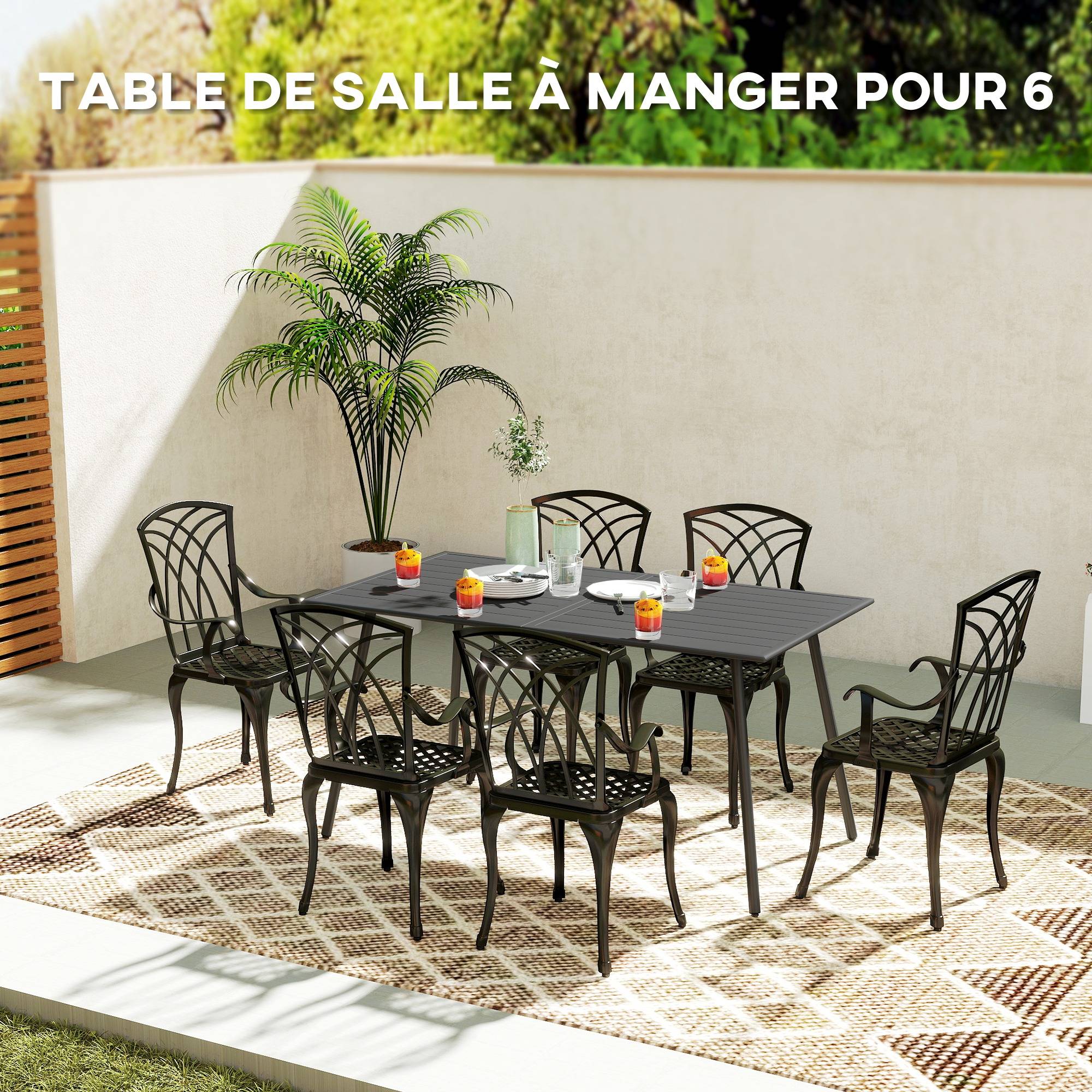 Table à manger de jardin pour 6 personnes avec plateau à lattes pour jardin, patio, terrasse, 150 x 80 x 74 cm, gris - Image 6