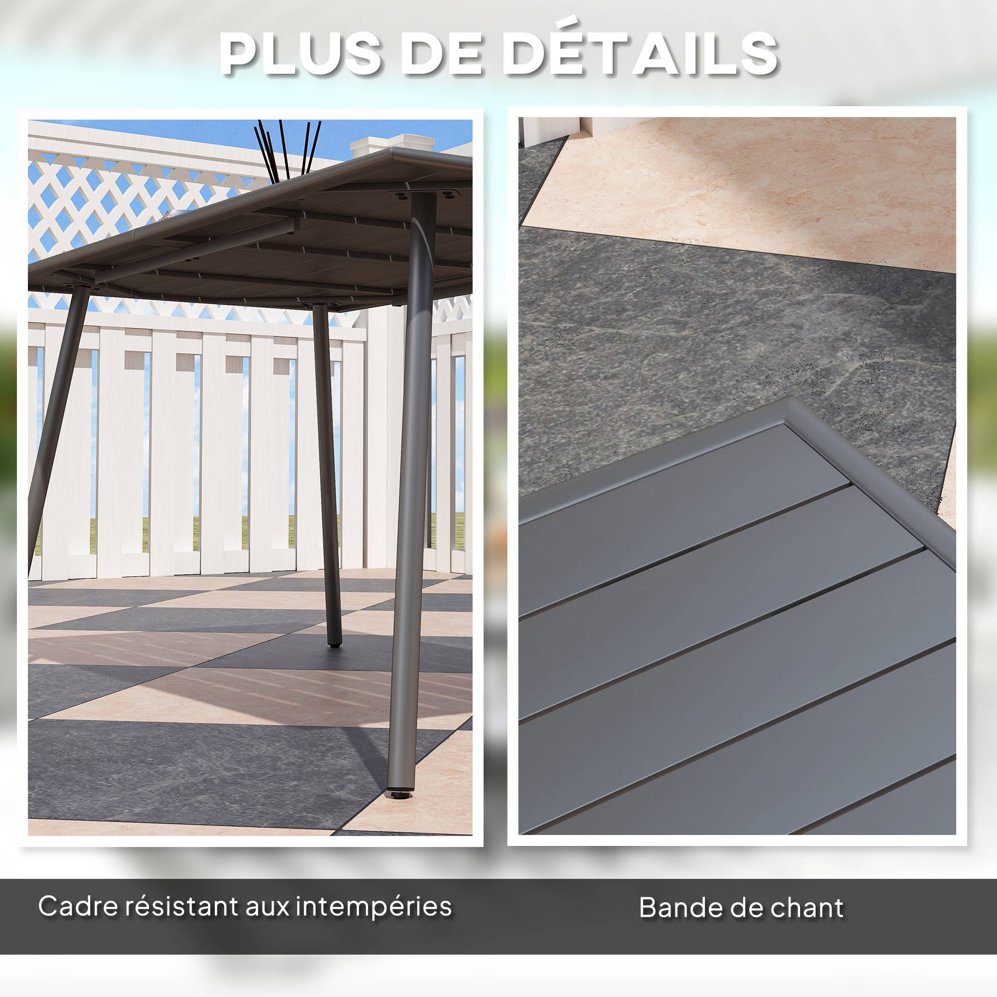 Table à manger de jardin pour 6 personnes avec plateau à lattes pour jardin, patio, terrasse, 150 x 80 x 74 cm, gris - Image 8