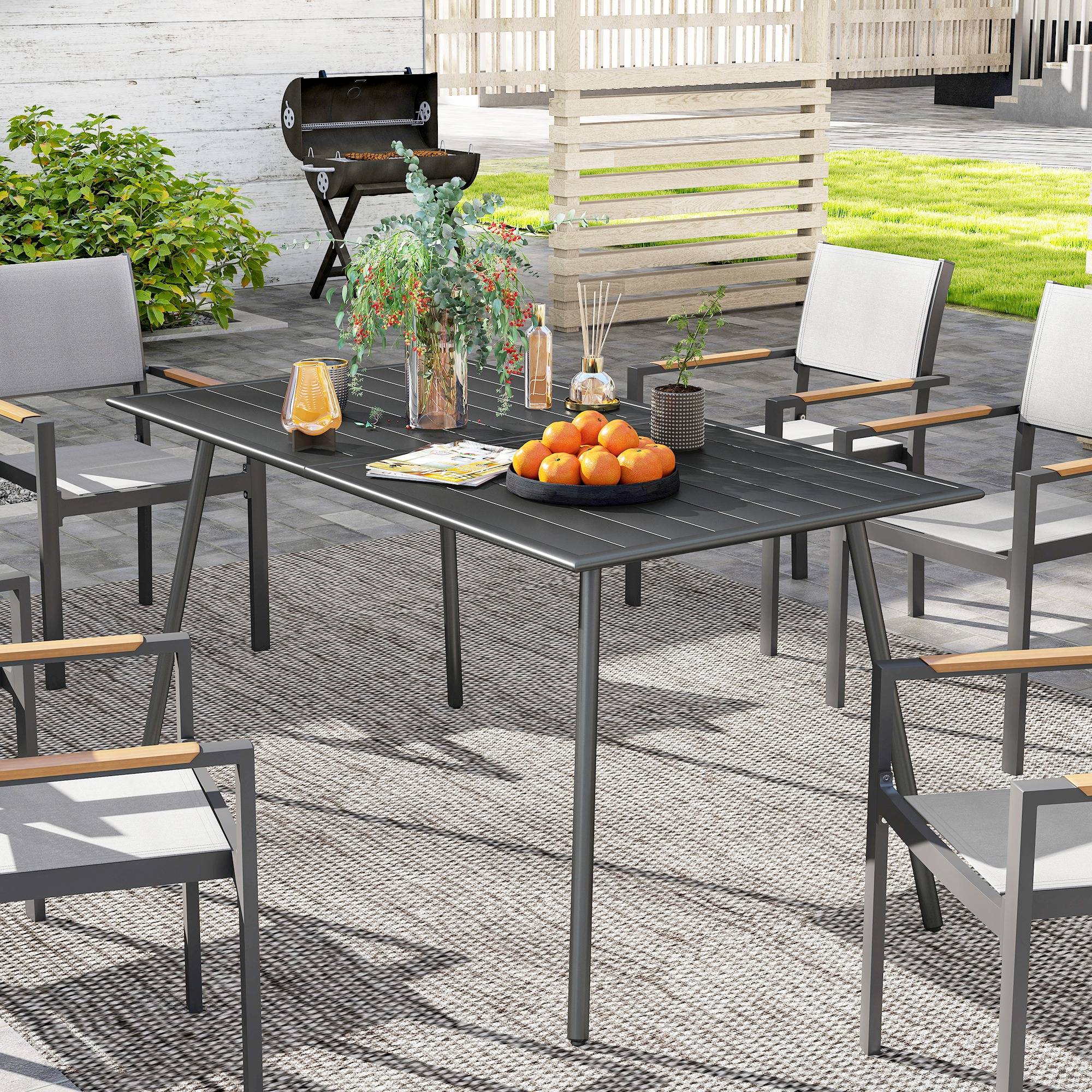 Table à manger de jardin pour 6 personnes avec plateau à lattes pour jardin, patio, terrasse, 150 x 80 x 74 cm, gris - Image 3