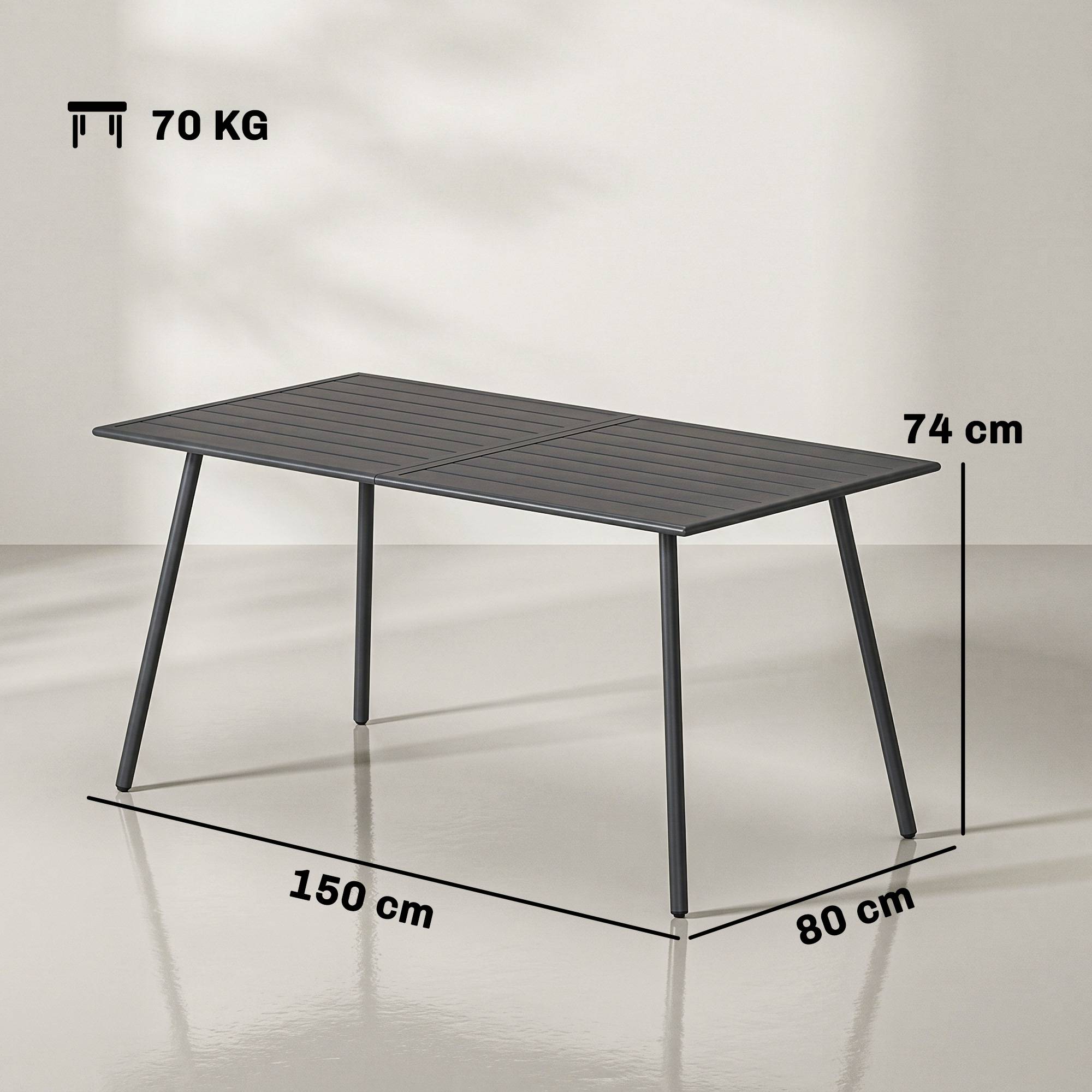 Table à manger de jardin pour 6 personnes avec plateau à lattes pour jardin, patio, terrasse, 150 x 80 x 74 cm, gris - Image 5