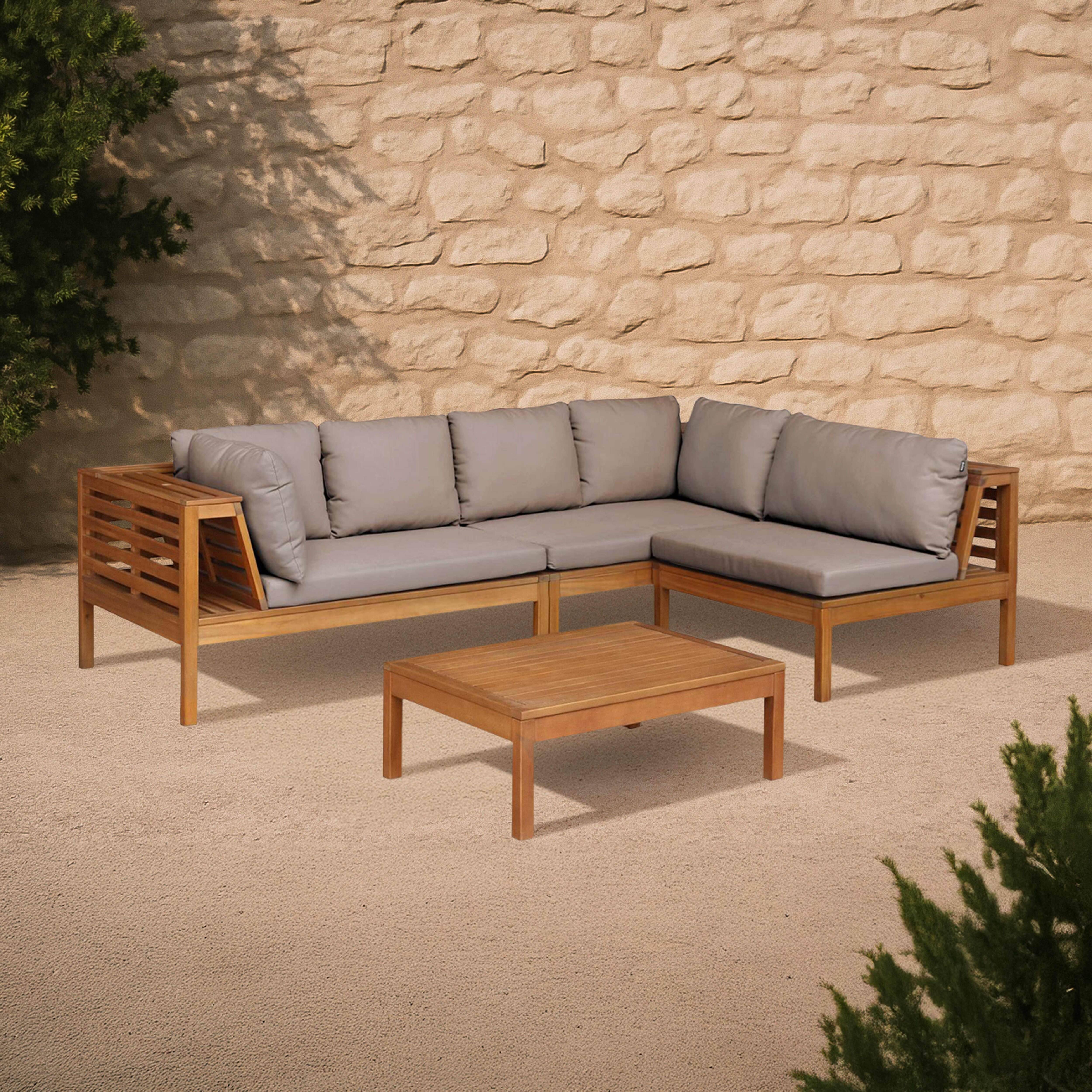 Oviala - Salon de jardin bas d'angle 2 canapés, 1 fauteuil et une table taupe Maupiti - Oviala - Image 2
