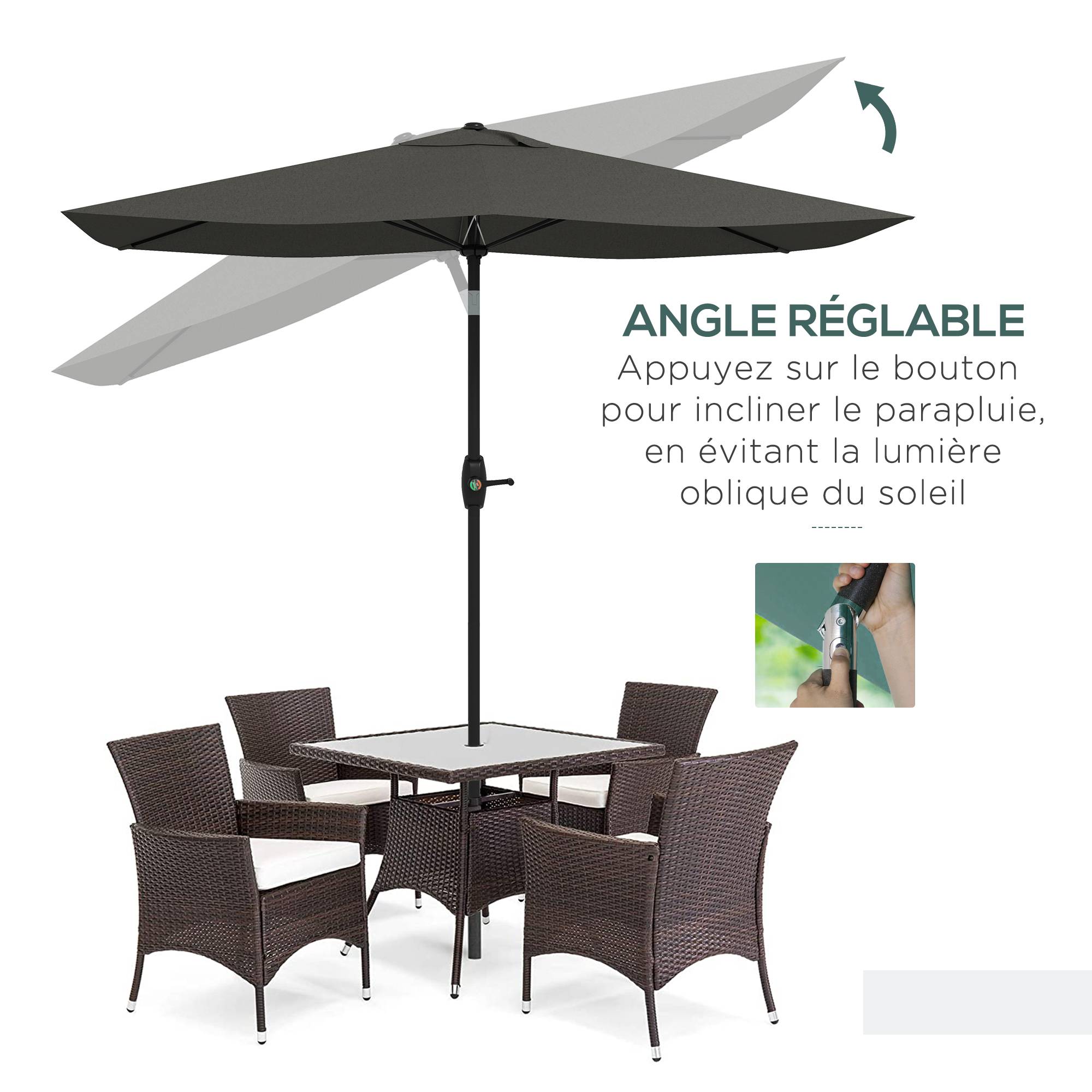 Parasol rectangulaire inclinable 2x3 m avec manivelle polyester - 290x200x248cm Aluminium Gris fr351 - Image 6
