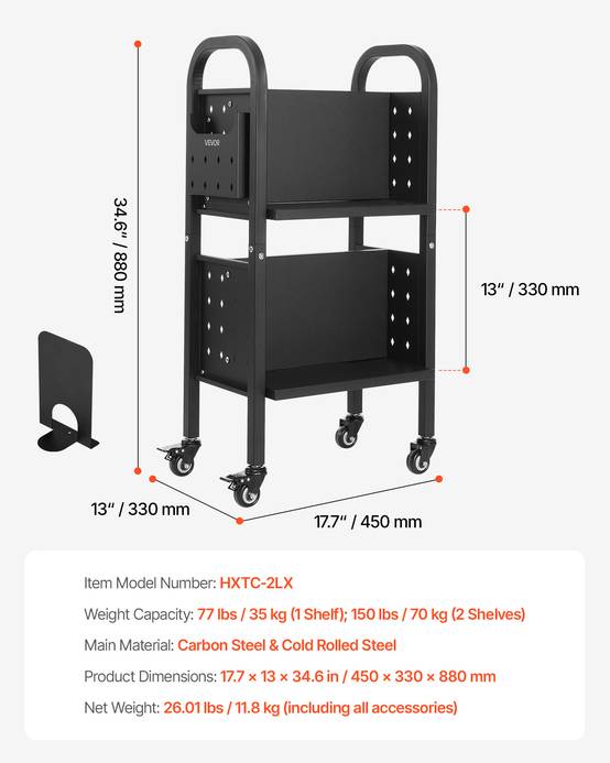 VEVOR Chariot à Livres Bibliothèque Étagère Double Face L 70 kg 45x33x88 cm Noir - Image 7