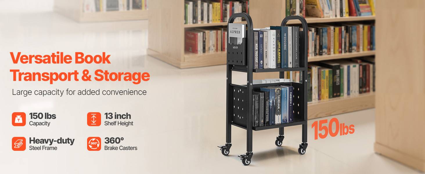 VEVOR Chariot à Livres Bibliothèque Étagère Double Face L 70 kg 45x33x88 cm Noir - Image 9
