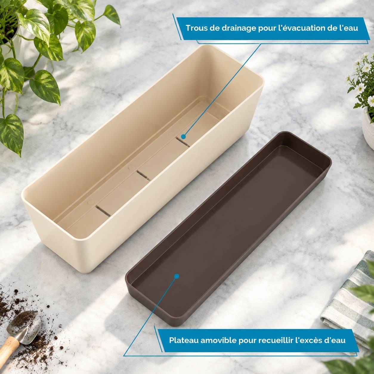Jardinnière Rectangulaire Plastique 42 5 cm avec Soucoupe Lot de 3 - Image 4