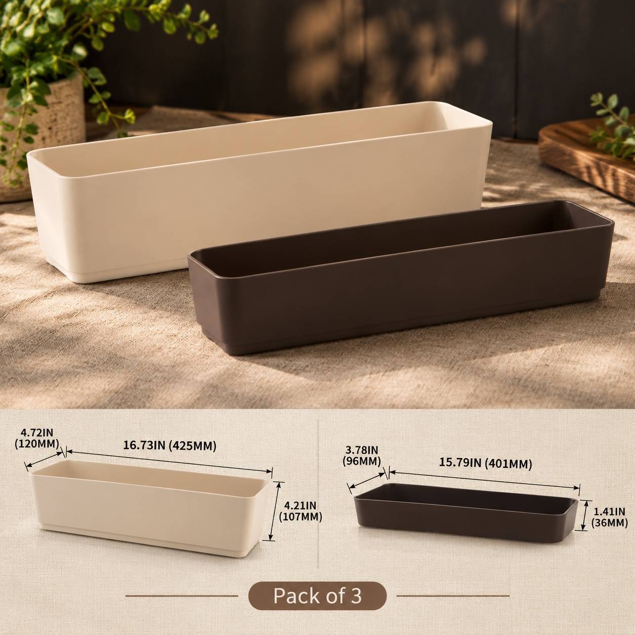 Jardinnière Rectangulaire Plastique 42 5 cm avec Soucoupe Lot de 3 - Image 3