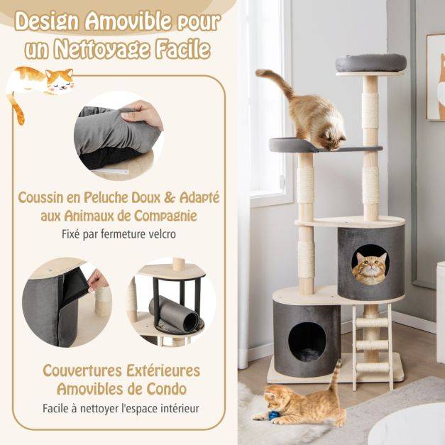 Arbre à chat 160 cm avec échelle en sisal et coussin amovible centre d'activités pour chat avec 2 condos confortables gris - Image 4