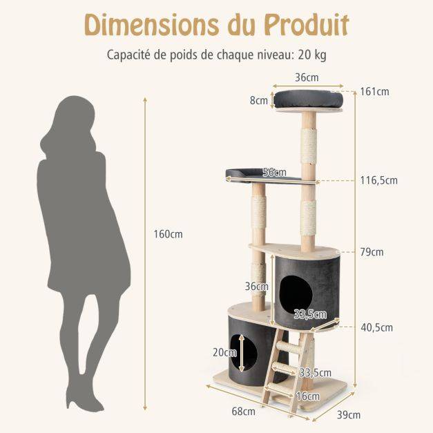 Arbre à chat 160 cm avec échelle en sisal et coussin amovible centre d'activités pour chat avec 2 condos confortables gris - Image 6
