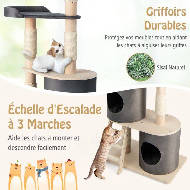 Arbre à chat 160 cm avec échelle en sisal et coussin amovible centre d'activités pour chat avec 2 condos confortables gris - Image 5