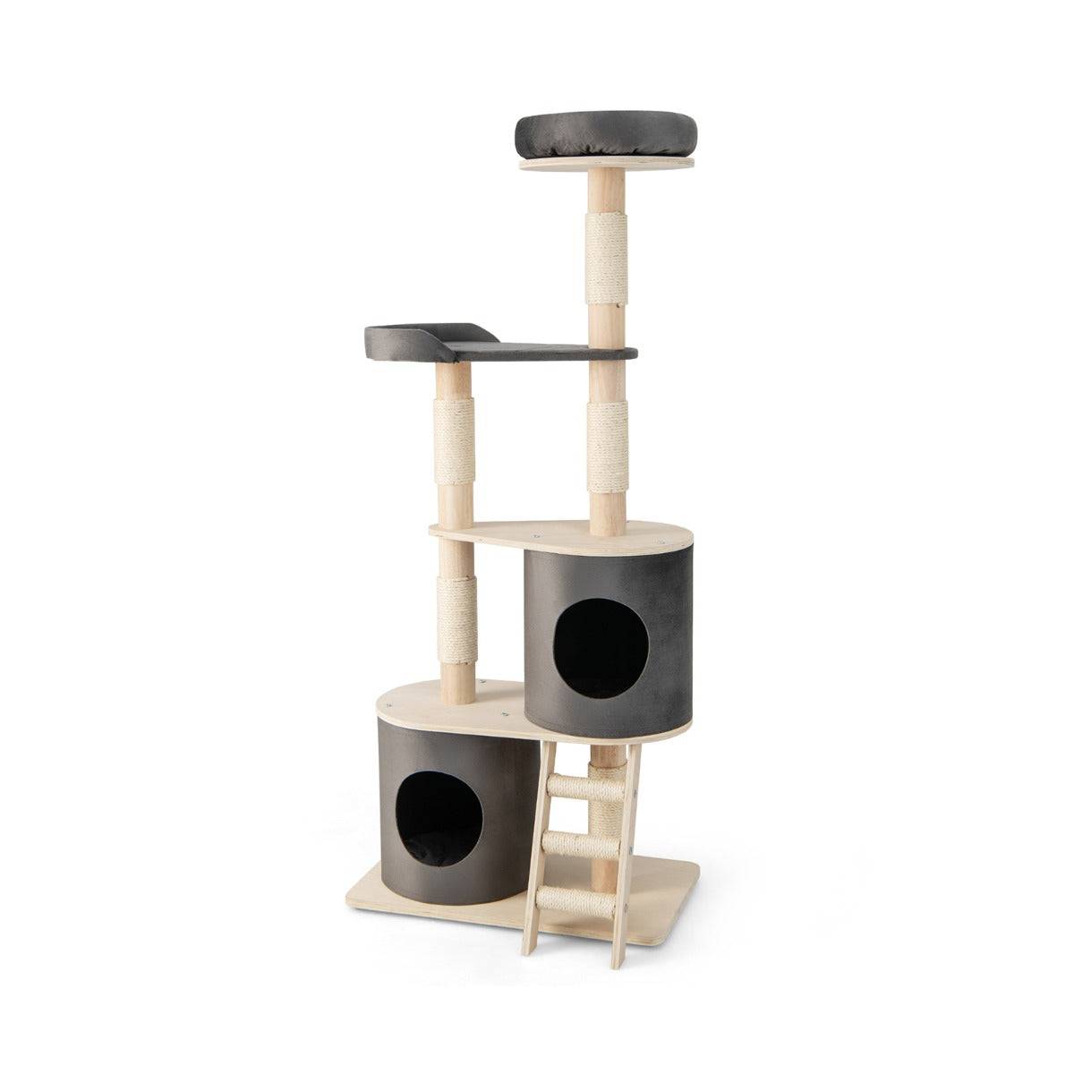 Arbre à chat 160 cm avec échelle en sisal et coussin amovible centre d'activités pour chat avec 2 condos confortables gris - Image 1