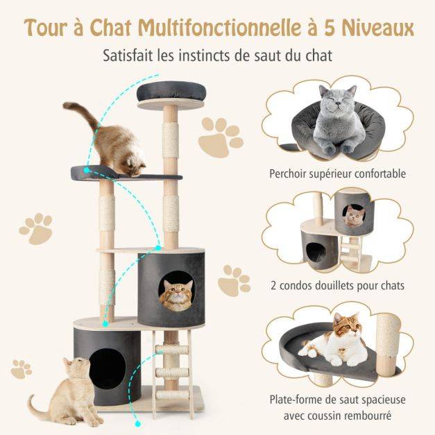 Arbre à chat 160 cm avec échelle en sisal et coussin amovible centre d'activités pour chat avec 2 condos confortables gris - Image 3