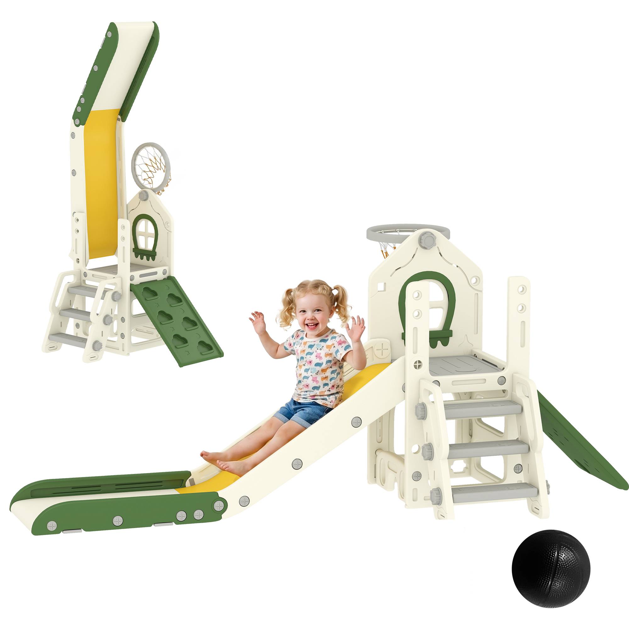Toboggan pliable 4 en 1 pour tout-petits avec élément d'escalade, panier de basket, espace de rangement et ballon de basket pour enfants de 1 à 3 ans - Image 2