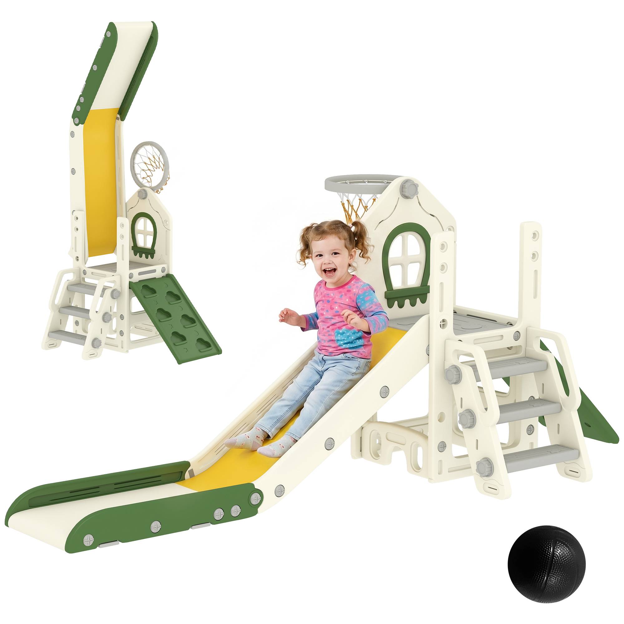 Toboggan pliable 4 en 1 pour tout-petits avec élément d'escalade, panier de basket, espace de rangement et ballon de basket pour enfants de 1 à 3 ans - Image 1