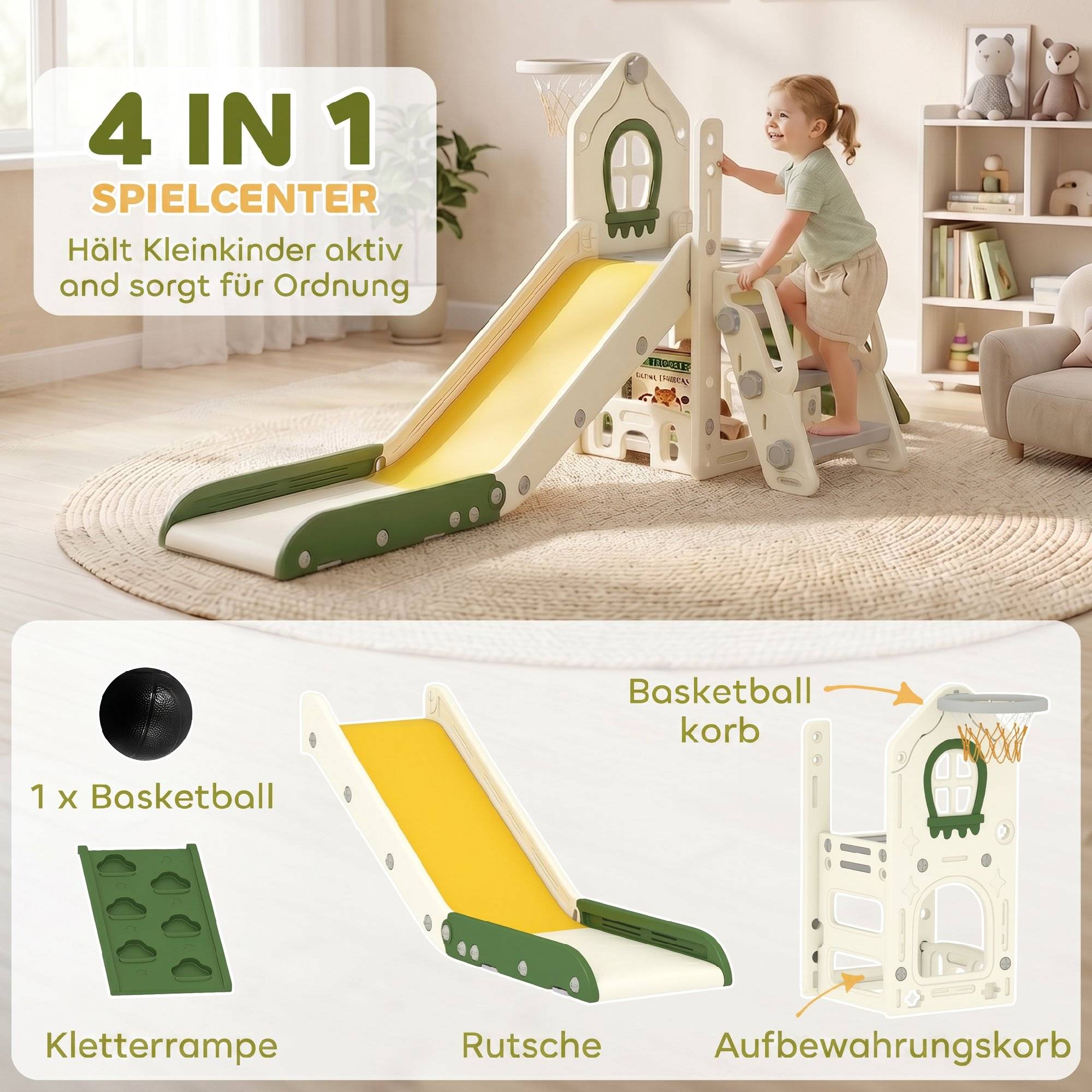 Toboggan pliable 4 en 1 pour tout-petits avec élément d'escalade, panier de basket, espace de rangement et ballon de basket pour enfants de 1 à 3 ans - Image 6