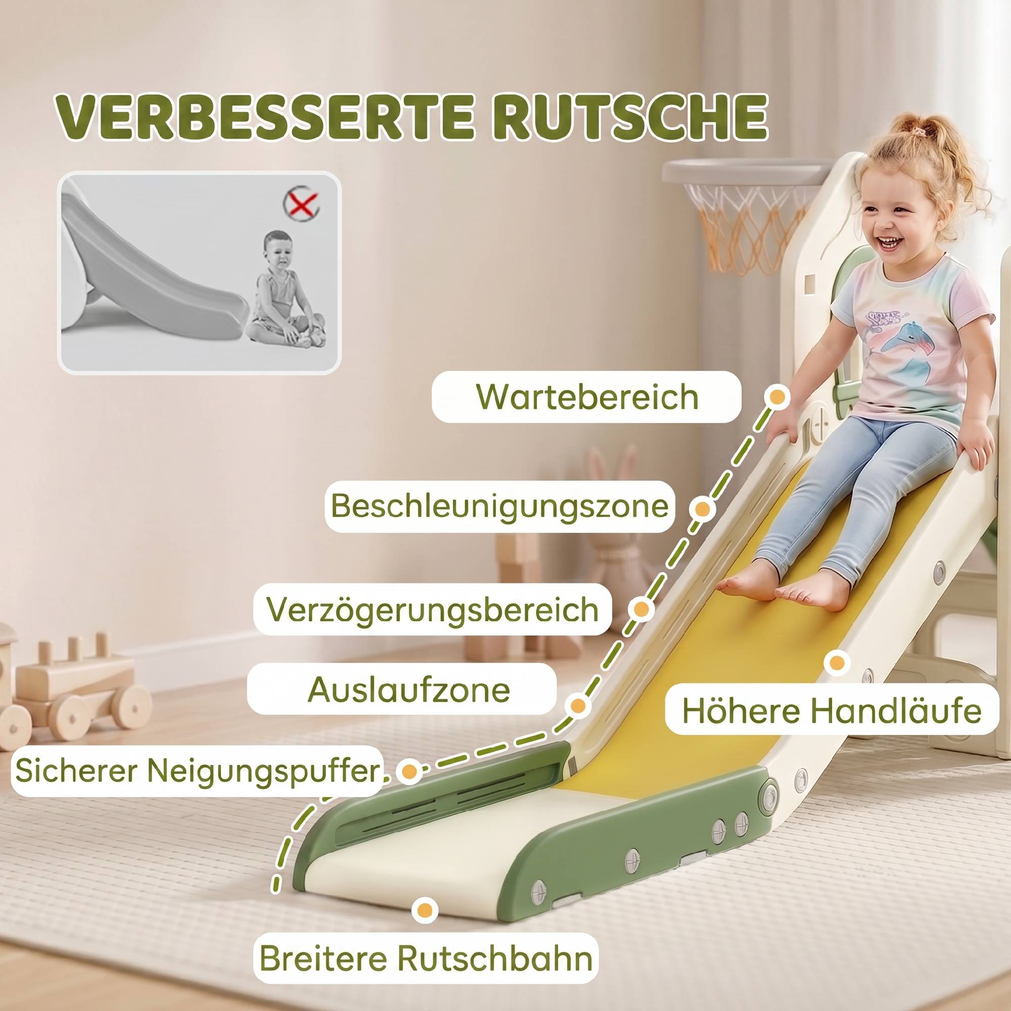 Toboggan pliable 4 en 1 pour tout-petits avec élément d'escalade, panier de basket, espace de rangement et ballon de basket pour enfants de 1 à 3 ans - Image 8