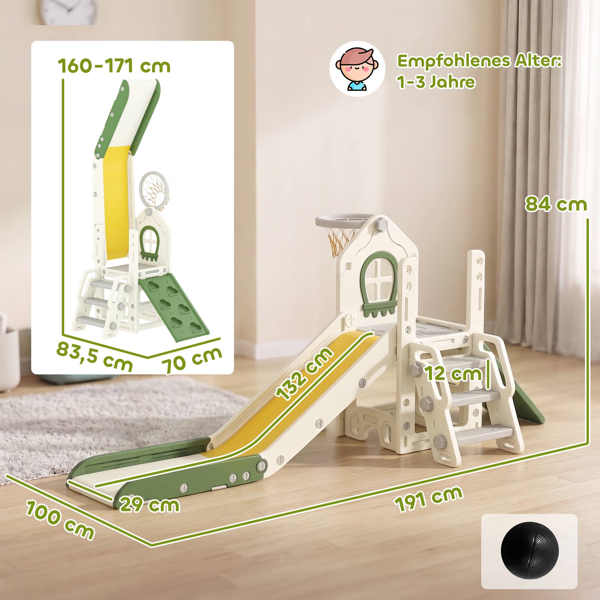 Toboggan pliable 4 en 1 pour tout-petits avec élément d'escalade, panier de basket, espace de rangement et ballon de basket pour enfants de 1 à 3 ans - Image 5