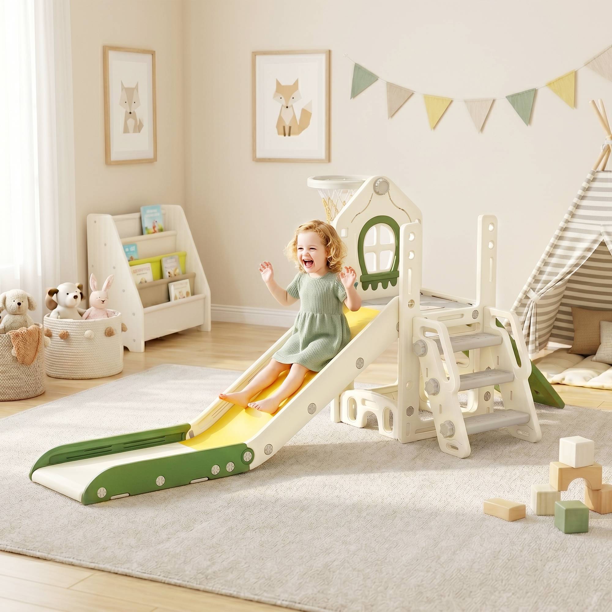 Toboggan pliable 4 en 1 pour tout-petits avec élément d'escalade, panier de basket, espace de rangement et ballon de basket pour enfants de 1 à 3 ans - Image 4
