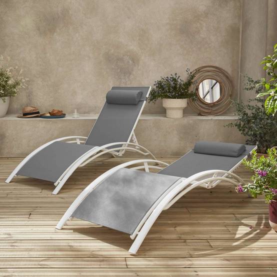 sweeek - Duo de bains de soleil aluminium - Louisa Gris blanc - Transats aluminium et textilène | sweeek - Image 3