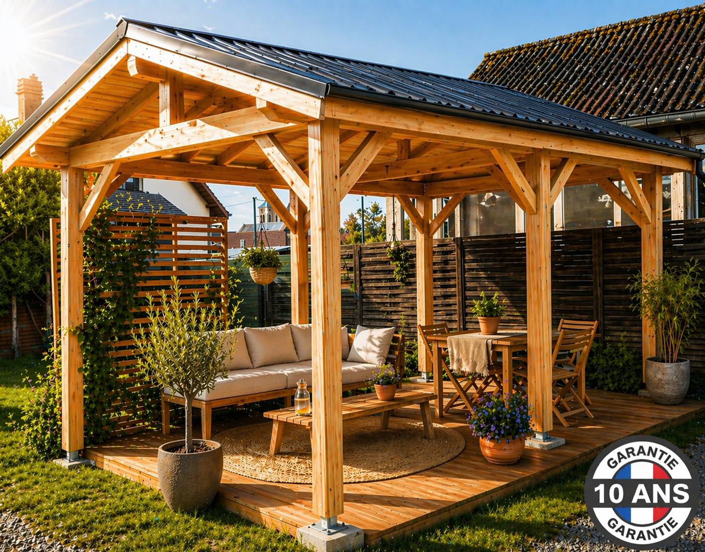 Cpbf Charpentes - Carport SUR MESURE  deux pentes 400 cm x 6 poteaux, bois DOUGLAS Français  (Charpente en bois-auvent-abri voiture). Garantie 10 ans