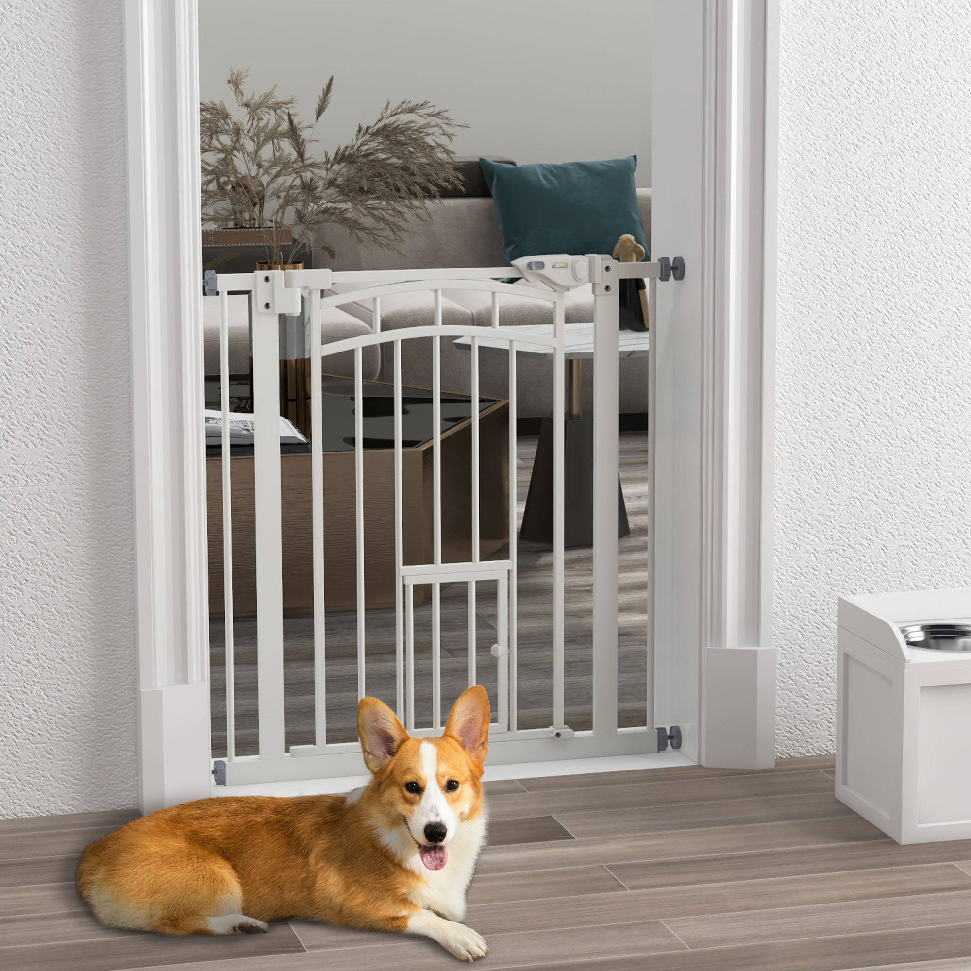 Barrière de sécurité acier pour animaux porte intégrée 74-80cm blanc - ComfortXL Outdoor Living - Image 3