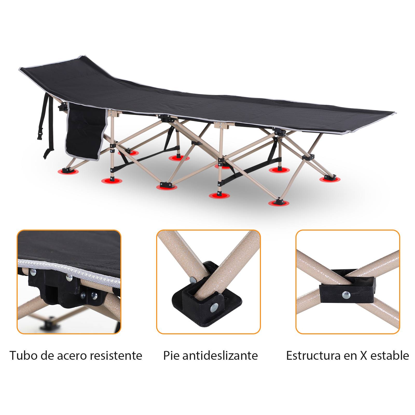 Lit de camp avec 1 poche latérale, sac de transport et cadre en acier, capacité de charge 150 kg, 190 x 68 x 52 cm, noir - Image 8