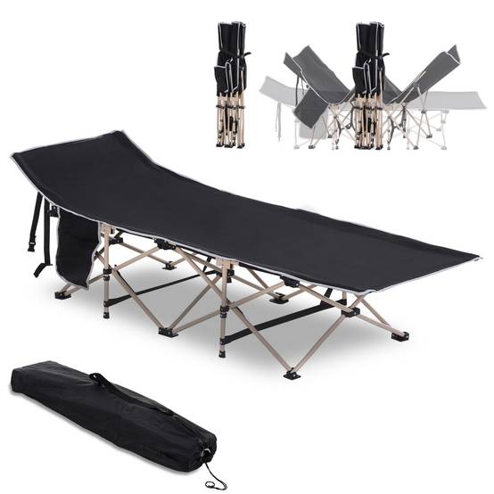 Lit de camp avec 1 poche latérale, sac de transport et cadre en acier, capacité de charge 150 kg, 190 x 68 x 52 cm, noir - Image 1