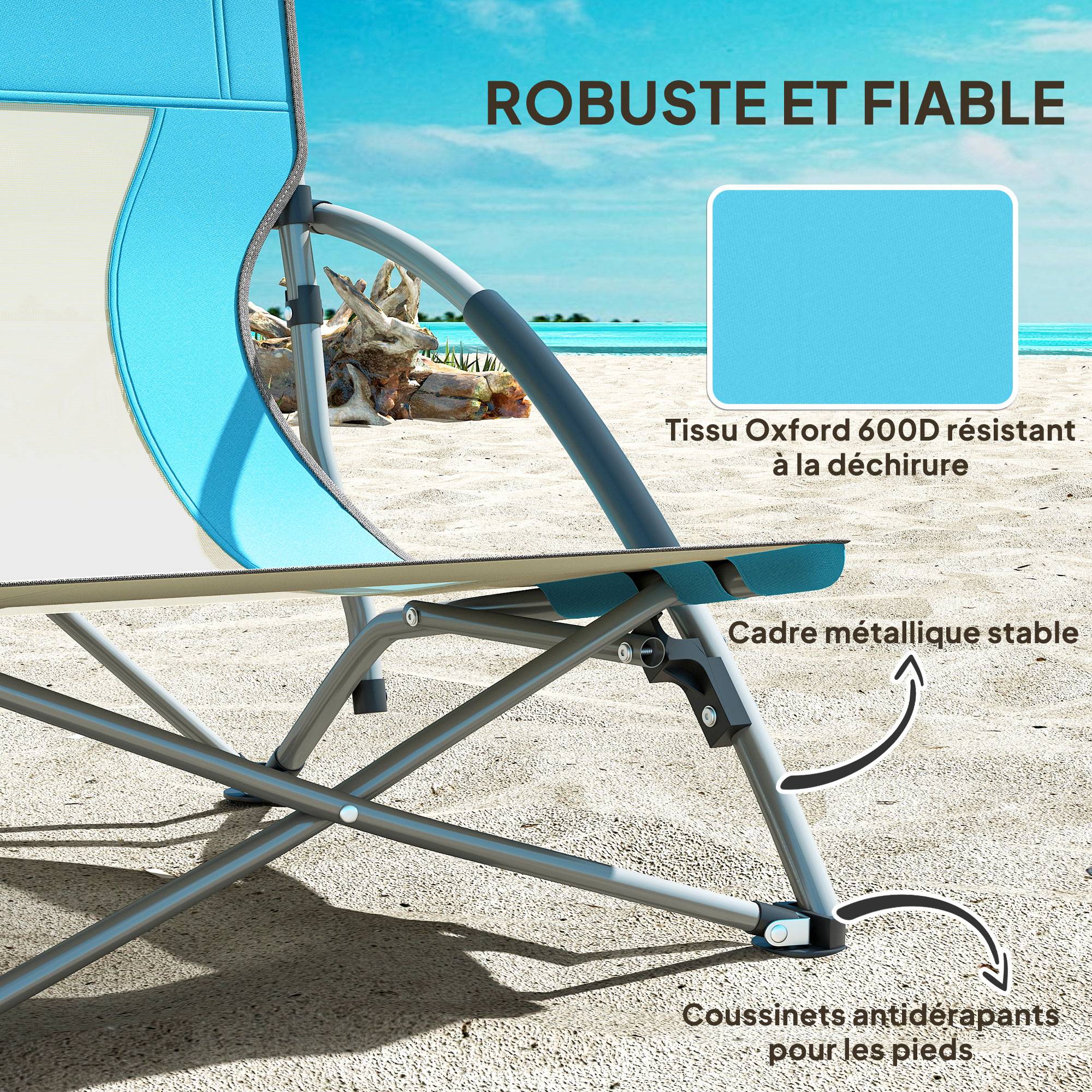 Chaise de plage pliante métal et tissu bleu 58 x 55 x 62 cm - PANGIVO - Image 9