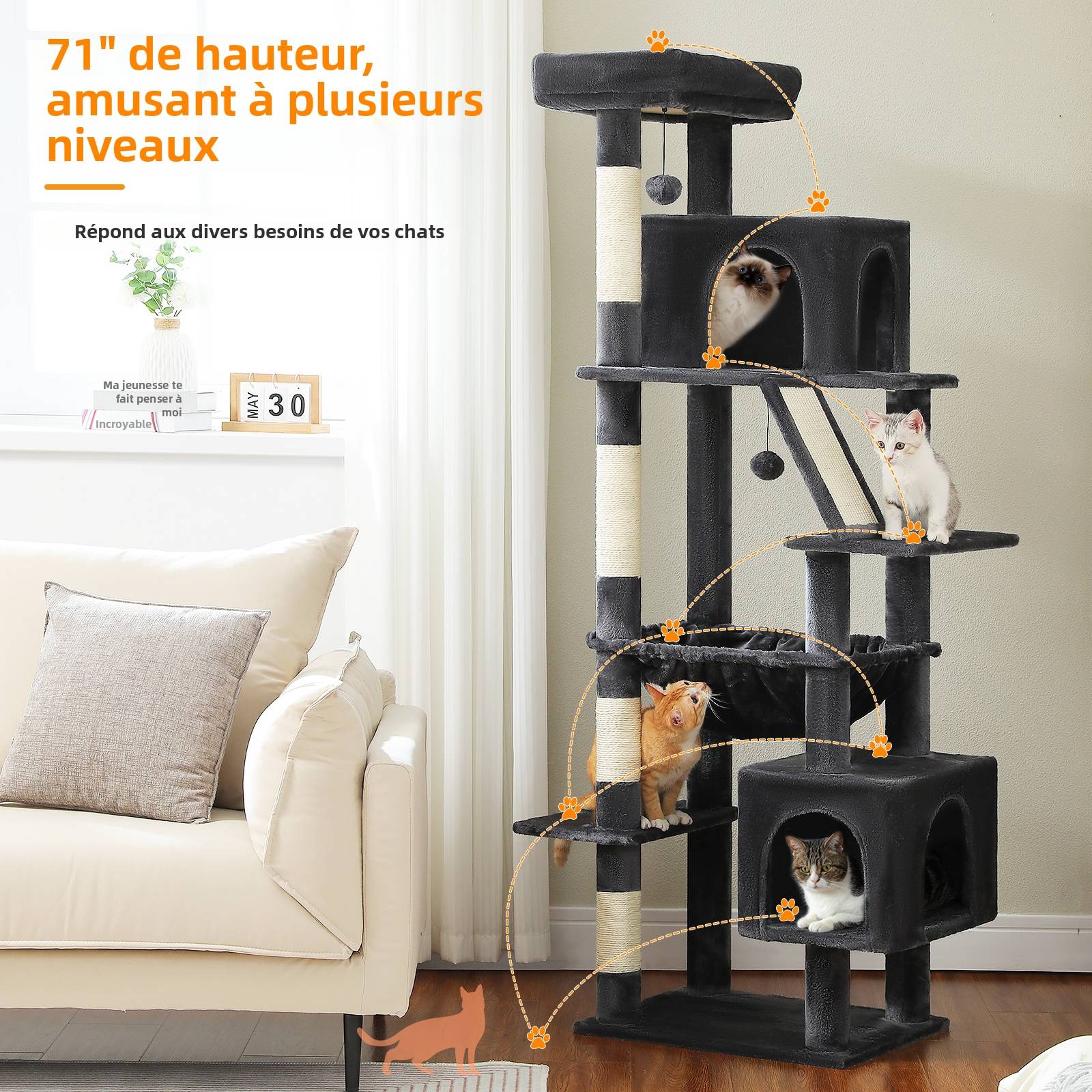 Arbre à Chat XXL 180 cm de Haut Gris Foncé PAWZ Road - Image 4